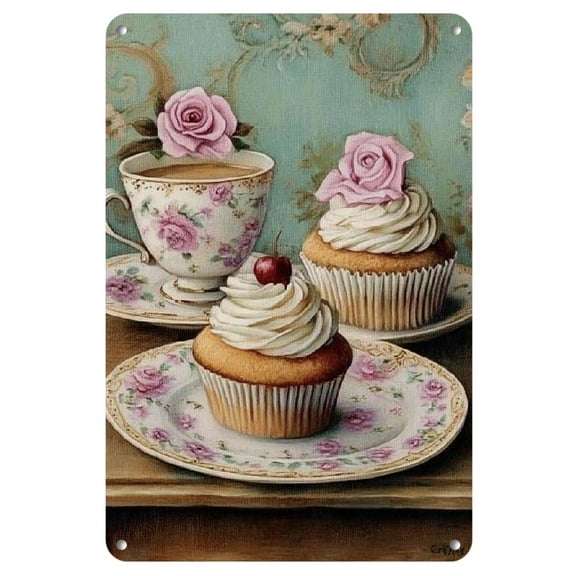 YNLLOOFC Vintage Floral Teapot &amp; Cup Metal Tin Sign - Romantic Palace Style Wall Art for Tea Room, Cafe Decor - Plaque