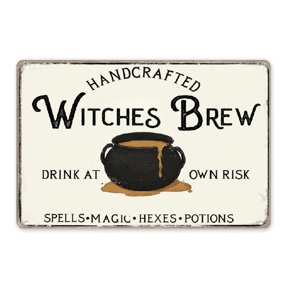 YNLLOOFU 2D Flat, Witches Brew Halloween Sign - Fall Decor Wall Art, Witch Metal Tin Signs, Vintage - 8x12 Inch, White