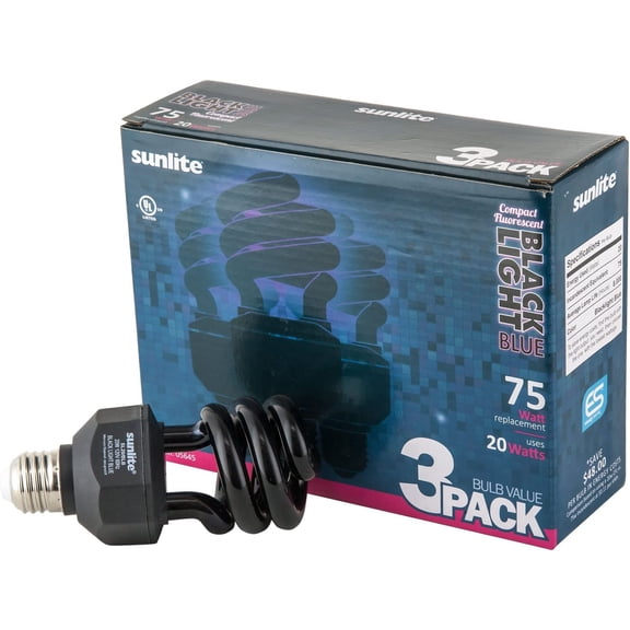 YNTVV-05645-SU CFL Black Light Bulb (BLB), Perfect for Halloween, Spiral Blacklight, 20 Watts, 120 Volts, Medium Base (E26), 463nm, UL Listed, 3 Count (Pack of 1)