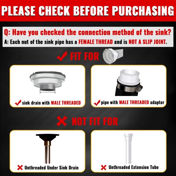 YNTVV-1-1/2" Sink Drain Pipe Kit, Flexible Drain Pipe P Trap, 7.5"-17.7" Flexible P Trap, Under Sink Plumbing for Bathroom & Kitchen, 1-1/4" Adapter Included, 1 PACK