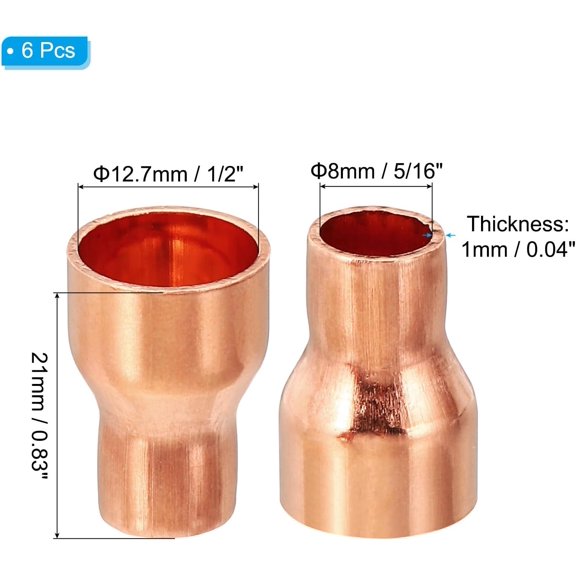 YNTVV-1/2" to 5/16" ID Copper Reducer, 6pcs 99.9% Pure Copper Reducing Coupling Pressure Fitting Pipe Tube Connector Adapter with Sweat Solder Connection for HVAC Refrigeration System
