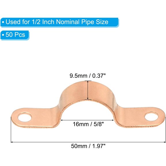 YNTVV-1/2" Copper Pipe Strap Fittings, 50 Pcs Two Holes LF Pressure Copper Pipe Clamp Mount U Bracket Plumbing Fixing Fixture for Residential and commercial Pipe Support