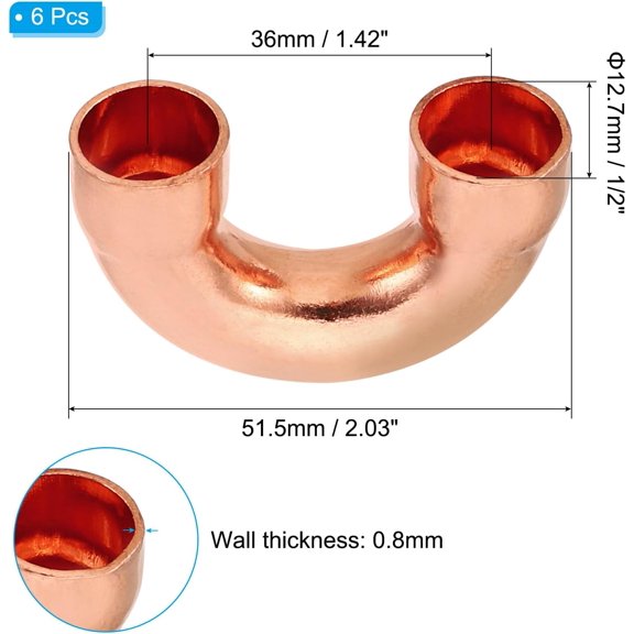 YNTVV-1/2 Inch ID Copper Pipe Fittings, 6 Pcs 180 Degree Return Bend Copper Pipe Sweat Welding Solder Connection for HVAC Air Conditioning Hydraulic