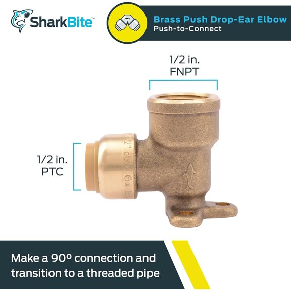 YNTVV-1/2 Inch x 1/2 Inch Drop Ear Elbow, FNPT, Push to Connect Brass Plumbing Fitting, PEX Pipe, Copper, CPVC, PE-RT, HDPE, U334LFA