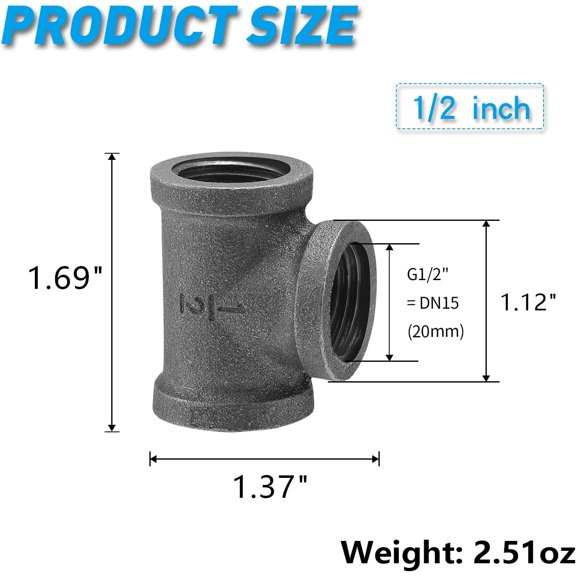 YNTVV-1/2" Pipe Fitting Tee, 20 Pack DN15 Gray Threaded Cast Malleable Iron Tee for Steampunk Vintage Shelf Bracket DIY Plumbing Pipe Decor Furniture (20, 1/2")