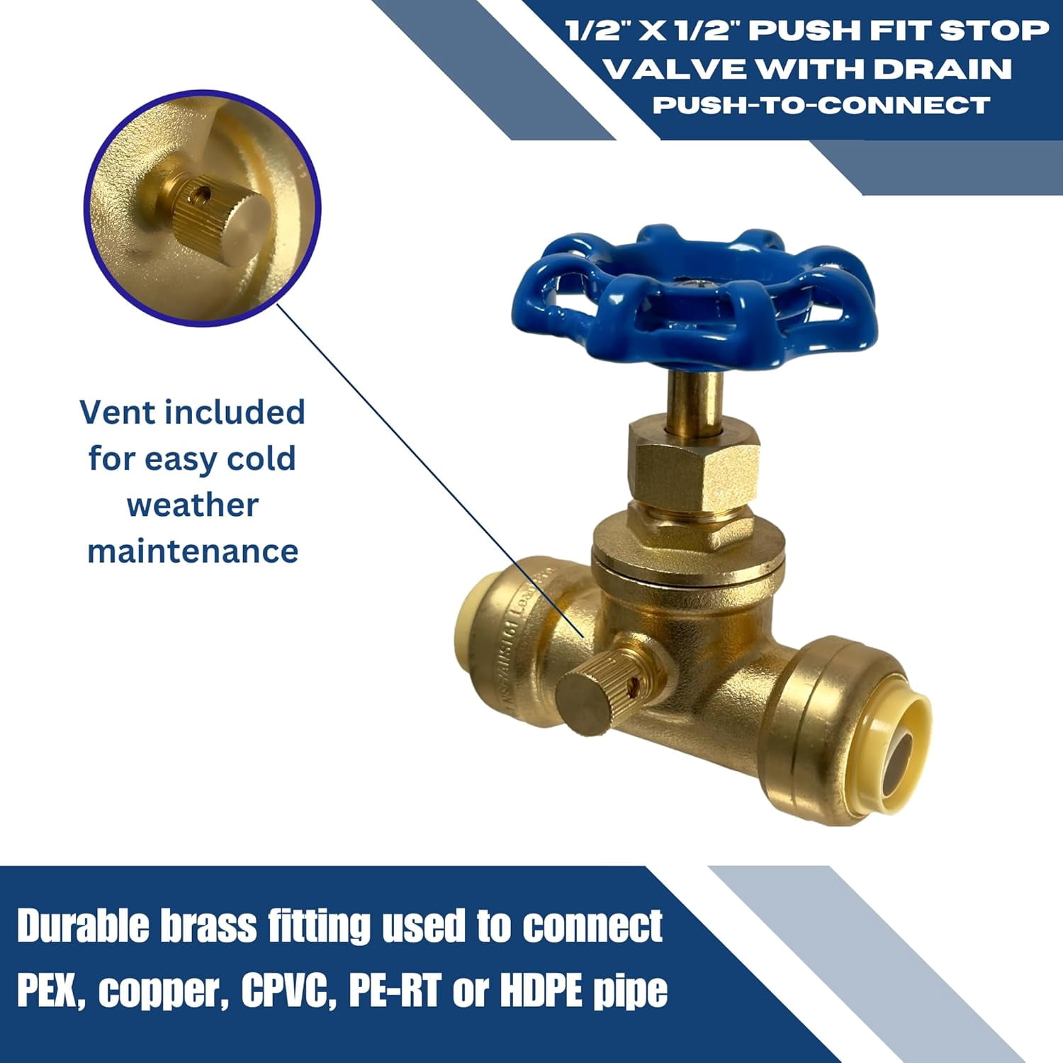 YNTVV-1/2 inch Push Fit Stop Valve with Drain and Vent, Push to Connect ...