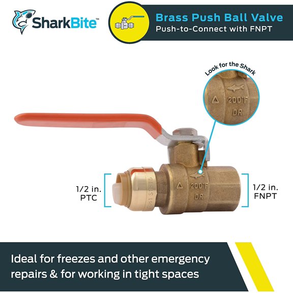 YNTVV-1/2 x 1/2 Inch Ball Valve with FNPT Connector, Push to Connect Brass Plumbing Fitting, PEX Pipe, Copper, CPVC, PE-RT, HDPE, 22182-0000LF