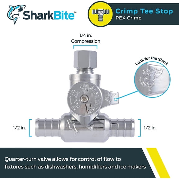 YNTVV-1/2 x 1/2 x 1/4 Inch OD Compression Crimp Tee Stop, Quarter Turn, Brass Plumbing Fitting, PEX Pipe, PE-RT, UC24983Z