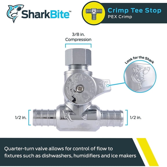 YNTVV-1/2 x 1/2 x 3/8 Inch OD Compression Crimp Tee Stop, Quarter Turn, Brass Plumbing Fitting, PEX Pipe, PE-RT, UC24984Z