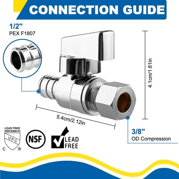 YNTVV-1/4 Turn Straight Stop Valve, 1/2" Crimp Pex F1807 X 3/8" OD Compression For Toilets And Faucets (Pack of 4)