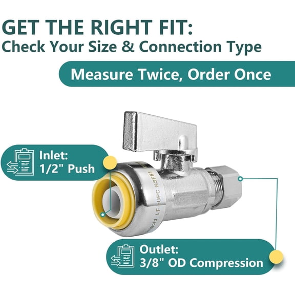 YNTVV-1/4 Turn Straight Stop Valve, 2 Pack Push Fit Straight Angle Valve, 1/2 In Push x 3/8 In OD Compression Sink Faucet Valve for Bidet, Sink and Washing Machine