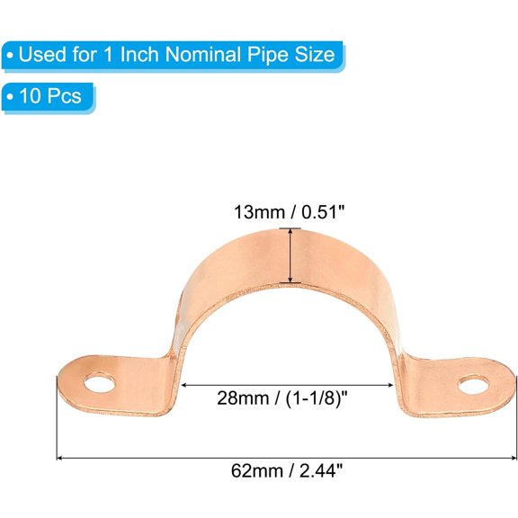 YNTVV-1" Copper Pipe Strap Fittings, 10 Pcs Two Holes LF Pressure Copper Pipe Clamp Mount U Bracket Plumbing Fixing Fixture for Residential and commercial Pipe Support