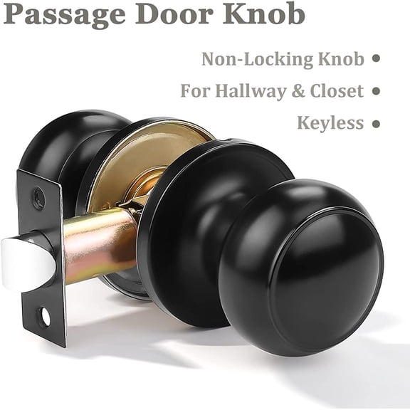 YNTVV-1 Pack Round Passage Door Knob(Non-Locking Knobs), Keyless Doorknobs Interior/Exterior Door Lockset,Passage Knobs for Hallway/Closet,Black Finish Modern Design Door Hardware