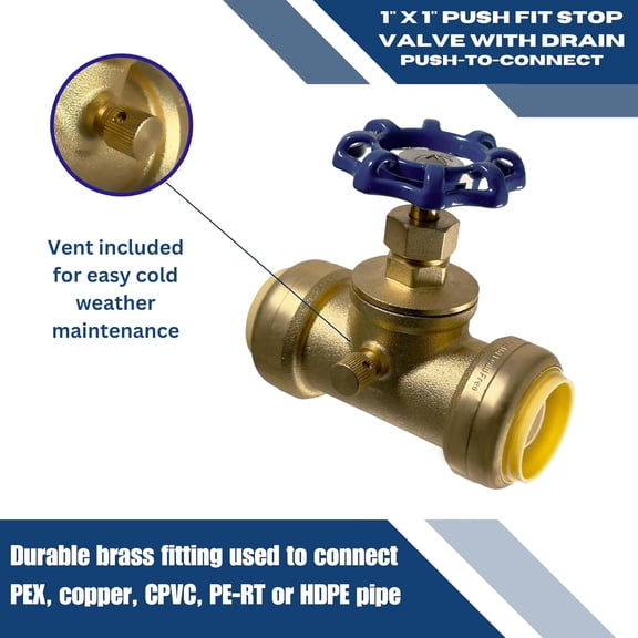 YNTVV-1 inch Push Fit Stop Valve with Drain and Vent, Push to Connect Brass Plumbing Fitting, Pex Pipe, Copper, CPVC, PE-RT, HDPE, 2-5-3=1, 1 Piece