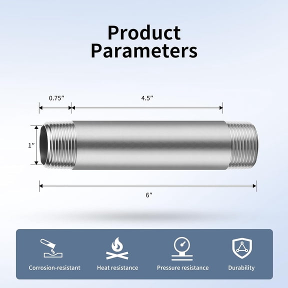 YNTVV-1"x6" 304 Stainless Steel Pipe, 1" NPTx 1" NPT Male Threaded Nipple, SCH40 Heavy Duty Pre-Cut Steel Pipe for Plumbing Gas, Hydraulic, and Industrial Applications(6", 2 Piece)