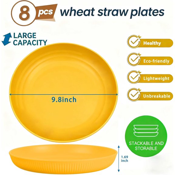YNTVV-10 Inch Wheat Straw Dinner Plates Set of 8 Lightweight & Unbreakable Dishes Set, Dishwasher Safe, Reusable Dinnerware Sets for Kitchen, Outdoor
