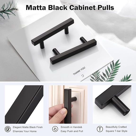 YNTVV-10 Pack 3 in Black Cabinet Pulls, Stainless Steel Kitchen Cupboard Door Handles Matte Black 3" Hole Spacing Furniture Hardware