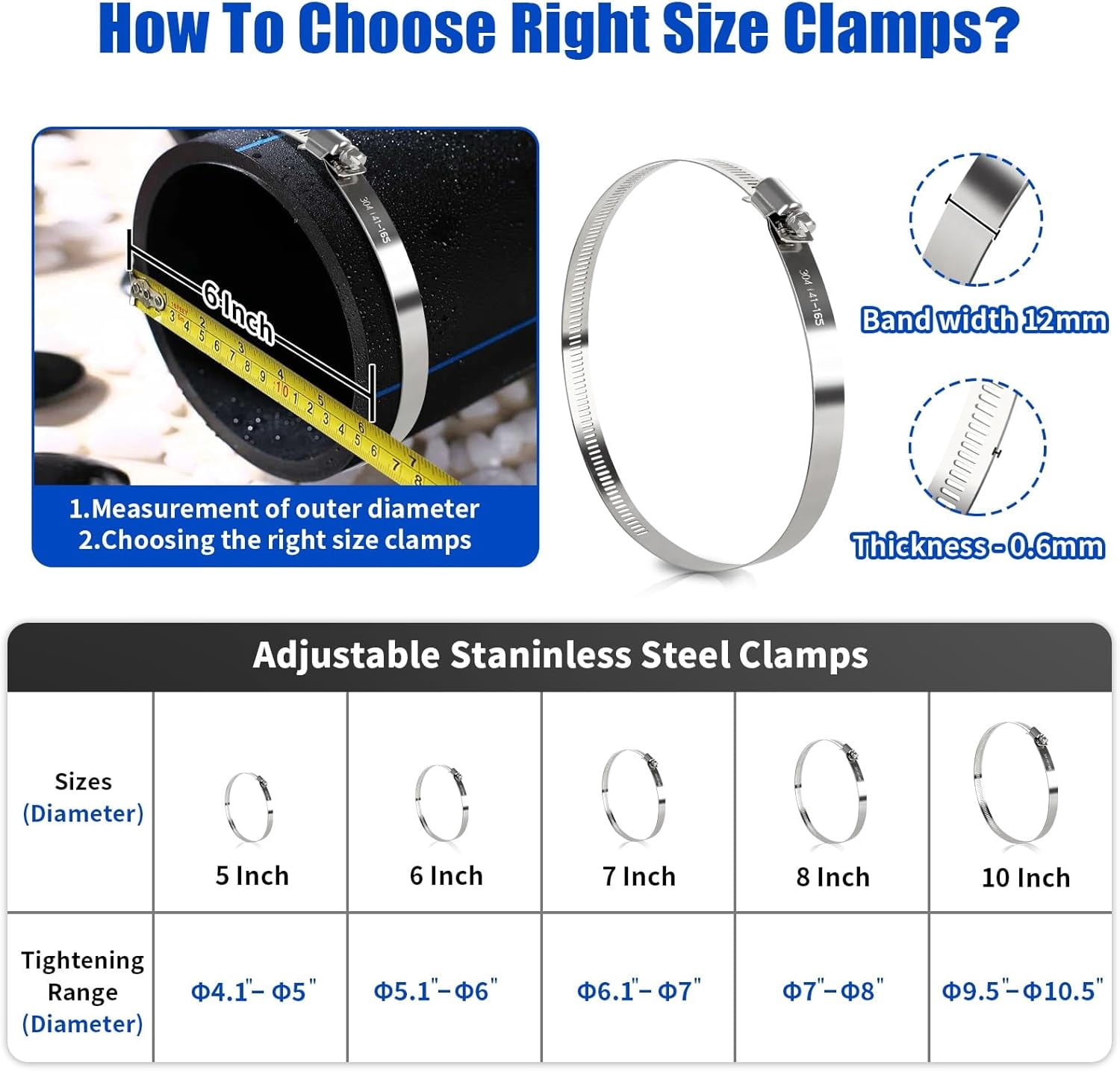 YNTVV-10 Pack 6 Inch Hose Clamps Stainless Steel Duct Clamps Pipe ...
