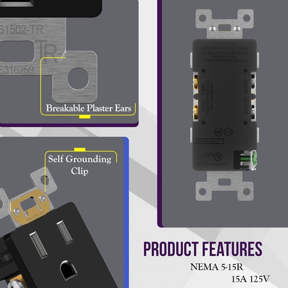 YNTVV-10 Pack Black Decorator Receptacle with Screwless Wall Plate, Standard Electrical Wall Outlet, 15A 125V, Self-Grounding, 2-Pole, 3-Wire, 5-15R, UL Listed, 61502-TR-BKSID, Tamper Resistant