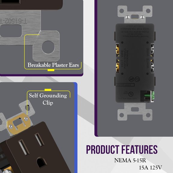 YNTVV-10 Pack Brown Decorator Receptacle, Standard Electrical Wall Outlet, 15A 125V, Self-Grounding, 2-Pole, 3-Wire, 5-15R, UL Listed, 61502-TR-BR, Tamper Resistant