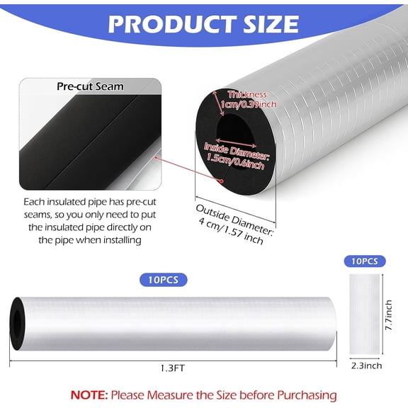 YNTVV-10 Pack Self-Adhesive Pipe Insulation Sleeve, Pre-Slit Foam Tube with Aluminum Foil Cover for Winter, Spigot, Sprinkler, Water Heater Pipes, Scratch-Proof and Non-Corrosive (Silver, 1.3 Ft x1/2