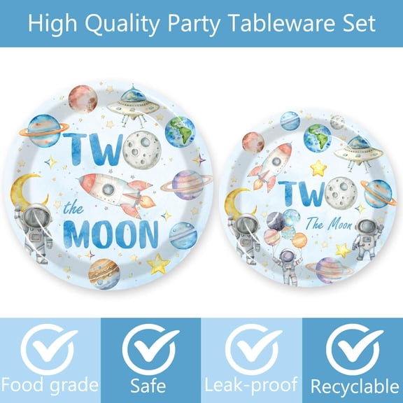 YNTVV-100 Pcs Outer Space 2nd Birthday Party Supplies - Space Two the Moon Plates Napkins Forks Paper Cups Tableware Kit for Space Galaxy Astronaut Theme Boys 2nd Birthday Decorations(20 guests)