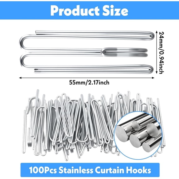 YNTVV-100 Pcs Stainless Steel Curtain Pleat Hooks, 4 Prongs Pinch Pleat Drapery Clips, Curtain Pleater Tape Hooks Drapery Hook for Window, Door, Bathroom Curtains