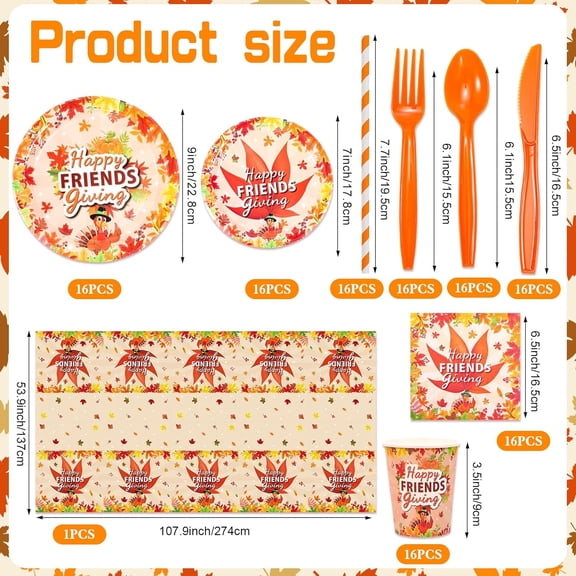 YNTVV-113 Friendsgiving Tableware Set,Give Thanks Party Dinnerware Set- Paper Plates, Cup, Napkins, Knife, Fork and Straw, Friends Thanksgiving Dinnerware for 16 Guests Turkey Day Supplies