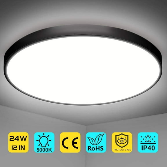 YNTVV-12 Inch 24W Flush Mount LED Ceiling Light Fixture, 5000K Daylight White, 3200LM, Flat Round Ceiling Light Fixture, 240W Equivalent Black Ceiling Lamp for Closets, Kitchens, Stairwells, Bedrooms