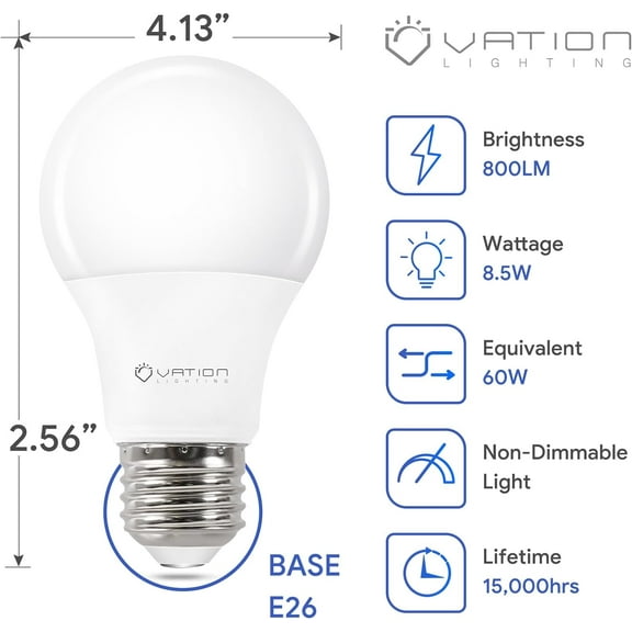 YNTVV-12 Pack A19 LED Light Bulb Daylight 5000K LED Bulbs, 60 Watt Equivalent, Efficient 8.5 Watt, 800 Lumens, E26 Medium Base, Non-Dimmable, ETL/UL Listed