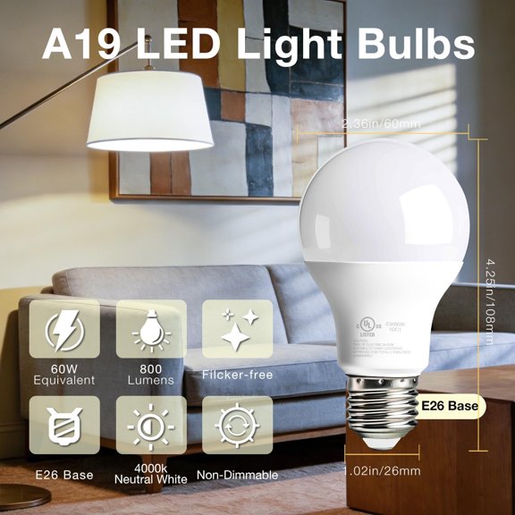YNTVV-12 Pack A19 LED Light Bulbs, 60 Watt Equivalent Neutral White 4000K, 800LM 9W Energy Saving Non-Dimmable, E26 Base 80+ CRI 120V UL Listed, for Home Indoor Lighting