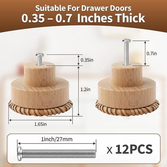 YNTVV-12 Pack Boho Handmade Wooden Rattan Dresser Knobs, Durable and Light Beech Wood Drawer Pulls and Knobs for Cabinet Decorative, Nursery Dresser with 24 Screws for Furniture Bathroom (Burlywood)
