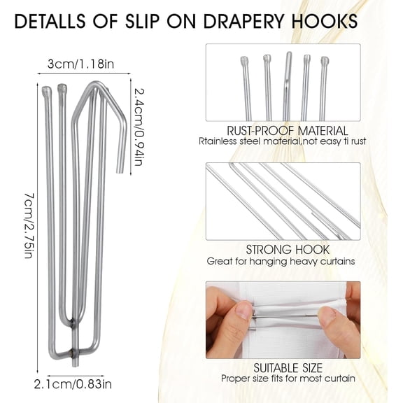 YNTVV-120 Pcs Stainless Steel Curtain Pleat Tape Hooks,4 Prongs Pinch Pleat Hook Clip Traverse Pleater for Window Door Bathroom Curtain(2.75 inch)