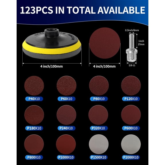 YNTVV-123PCS Angle Grinder Sanding Discs Attachments, 4 Inch Hook and Loop Backing Pad with 5/8-11 Thread, Drill Sanding Attachement and Wet Dry Sanding Pad for Wood Metal Polishing 40-2000 Grit