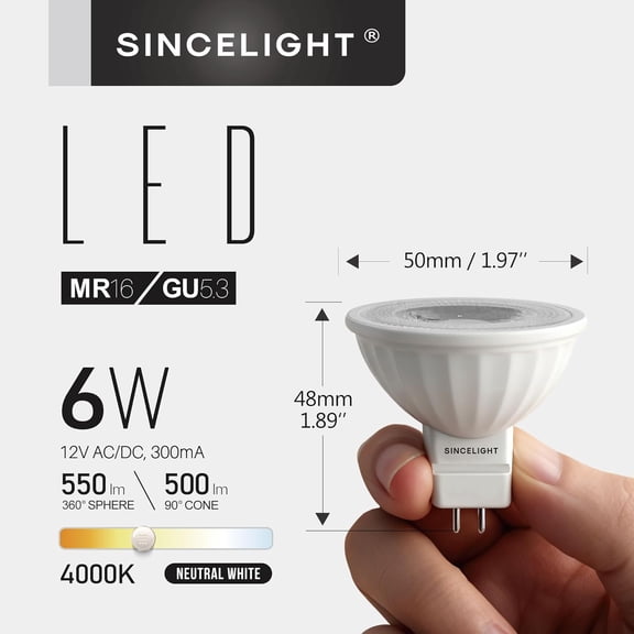 YNTVV-12V MR16(GU5.3) LED Reflector 50mm Spot Light Bulb with GU5.3 Base, 6 Watt, 500 Lumens, 50W Halogen Equivalent, 4000K (Neutral White), High Color Rending RA92, 38Beam Angle, Pack of 6