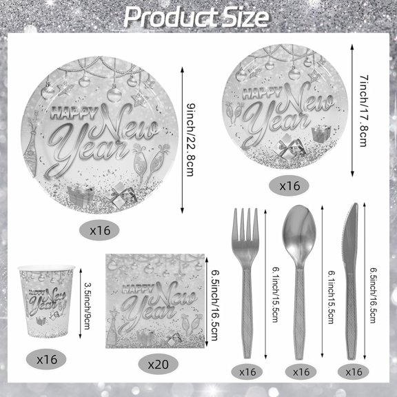 YNTVV-133 PCS New Years Eve Party Supplies 2026 New Year Disposable Tableware Set Happy New Year Paper Plates Cups Napkins Plastic Tablecloth Tableware for New Years Party Decorations 2026, Serves 16