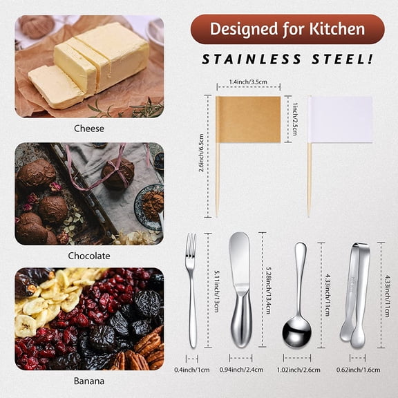 YNTVV-14 Pieces Charcuterie Board Accessories Cheese Spreader Knives Set Stainless Steel Charcuterie Utensils Spreader Knives Mini Serving Tongs Spoons and Forks for Cheese and Pastry Making(Silver)