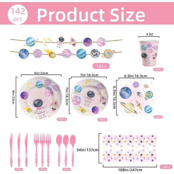 YNTVV-142PCS Space Theme Party Supplies For Girl, Birthday Paper Plates First Trip Around The Sun Astronaut Planet Cake Plate Tableware Dinner Set for Boys Girls Birthday Shower Forks