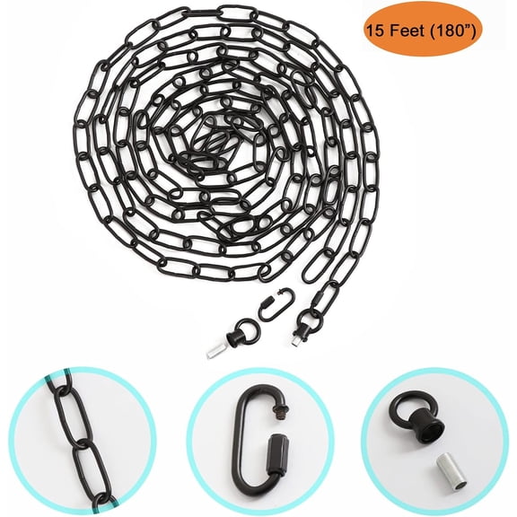 YNTVV-15 Feet Lighting Pendant Chain, Black for Hanging Heavy Duty, Extension with Connection Locks for Light Fixture, Swag Lamp, Load Capacity 65 Lbs