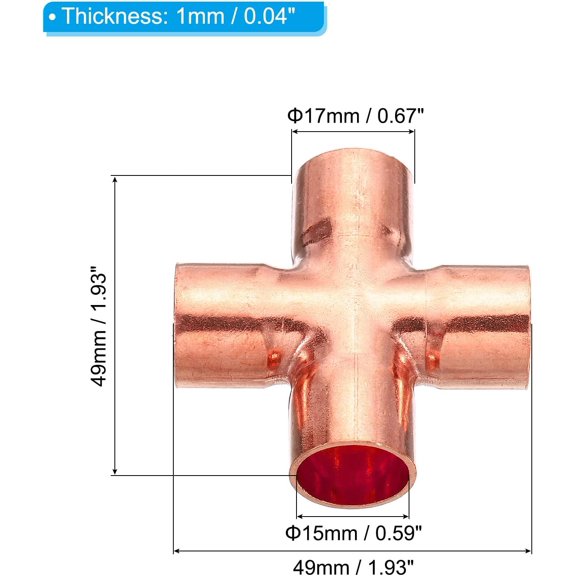 YNTVV-15mm (0.6inch) ID Copper Union Cross Pipe Fitting, 2 Pack 4 Way Welding Copper End Feed Equal Pipe Connector for Plumbing Air Conditioning Refrigeration Gas Water Oil