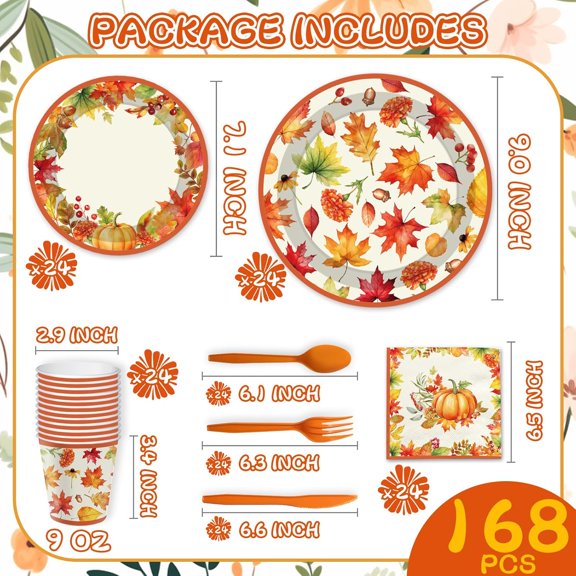 YNTVV-168 Pcs Thanksgiving Paper Plates and Napkins, Fall Disposable Dinnerware Set for 24 Guests, Includes Paper Plate Cup Napkin Spoon Knives Fork, Party Supplies for Thanksgiving Fall Harvest