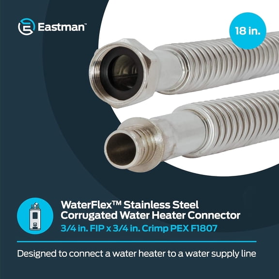 YNTVV-18 Inch WaterFlex Crimp Water Heater Connector, 3/4 Inch FIP x 3/4 Inch Crimp PEX (F1807), Stainless Steel Corrugated Water Heater Supply Line, 438618