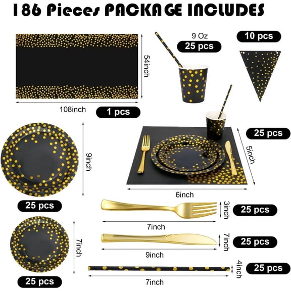 YNTVV-186 Pieces Black and Gold Party Tableware Set - 25 Guests Paper Plates, Napkins,Paper Cups, and Tableware for Wedding Shower,graduations,cocktail parties,New Year Party,Birthday etc.
