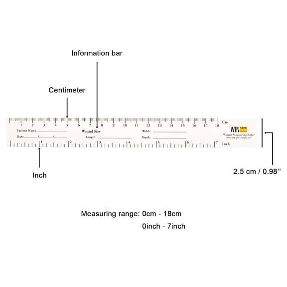 YNTVV-18cm / 7'' Educare Wound Ruler (Paper) Wound Measuring Tape (Pack of 100) Medical Medimeter