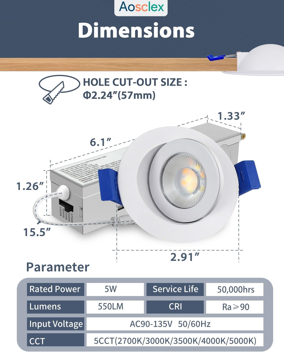 YNTVV-2 Inch 5CCT Gimbal LED Recessed Lights, 360°+90° Adjustable ...