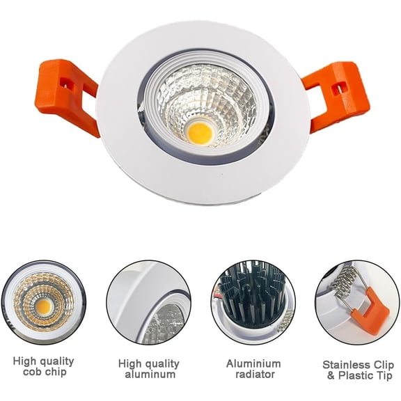 YNTVV-2 Inch COB Recessed Downlight, 3W Dimmable Ceiling Light, 3000K-3500K Warm White, 60 Beam Angle, CRI 80+ Small LED Can Light for Ceiling LightingWhite(4Pack