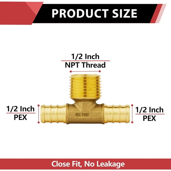YNTVV-2-Pack Pex Crimp 1/2" Pex Tee Brass Fittings, ASTM F1807,(PEX1807112-2PCS)
