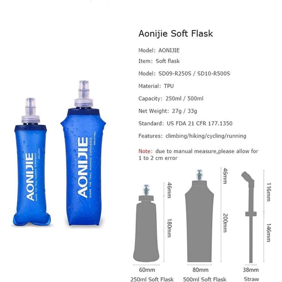 YNTVV-2 Pack Soft Water Bottle, TPU Collapsible Flask Foldable Bottles for Hydration Pack, BPA-Free, for Running Hiking Cycling Climbing (2 Pcs - 500ml)