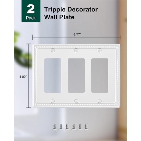YNTVV-2-Pack Triple Decorator Outlet Cover Plate, Pure White Pearls Decorative Switch Plates and Outlet Covers, Metal Wall Plates for Electrical Outlets