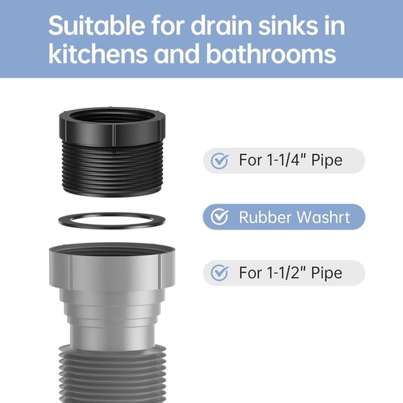 YNTVV-2 Packs Expandable Flexible P-Trap Pipe Kit (1 1/2" or 1 1/4") Single Kitchen Sink Drainage Solution Includes Adapter Seal Ring for Garbage Disposal - Gray